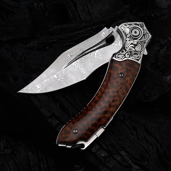 Heracles Damascus Folding Knife with Exotic Snake Wood Handle