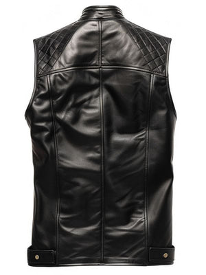 Men Black Leather Vest – Quilted Style