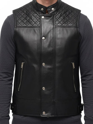 Men Black Leather Vest – Quilted Style