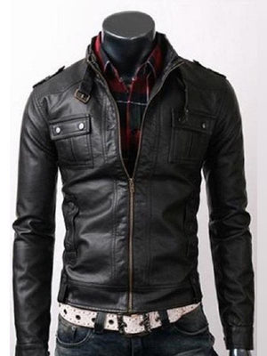 Men’s Black Strap Pocket Biker Leather Jacket