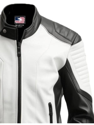 Men Black White Faux Leather Jacket - Biker Leather Jacket
