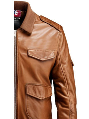 Men Brown Strap Pockets Bomber Leather Jacket – Bomber Jacket Mens