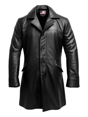 Men's Black Leather Car Coat with Flap Pockets