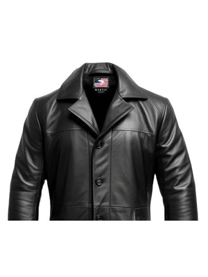 Men's Black Leather Car Coat with Flap Pockets