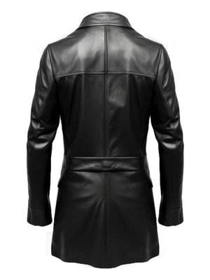 Men's Black Leather Car Coat with Flap Pockets