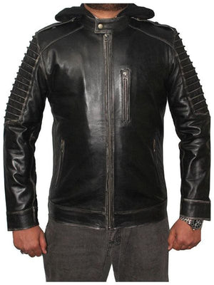 Men Hooded Distressed Ghost Leather Jacket – Black
