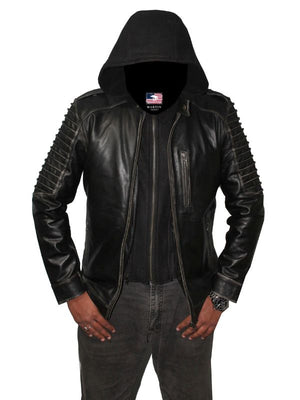 Men Hooded Distressed Ghost Leather Jacket – Black