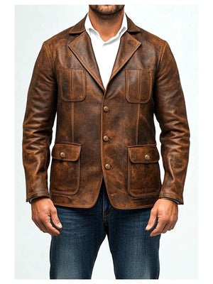 Men’s Premium Brown Distressed Leather Blazer