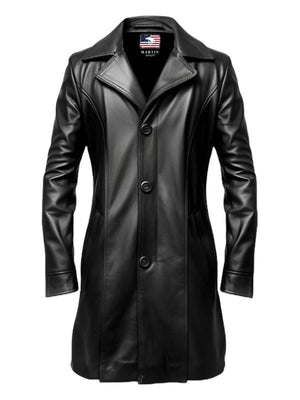 Men's Black Long Leather Coat with Suit Collar