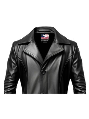 Men's Black Long Leather Coat with Suit Collar