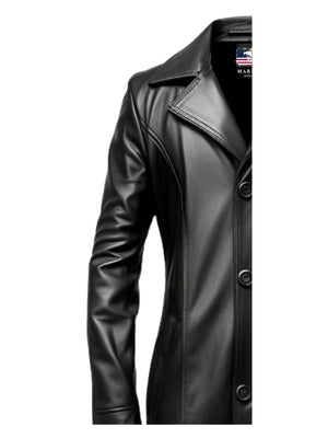 Men's Black Long Leather Coat with Suit Collar