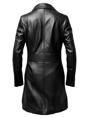 Men's Black Long Leather Coat with Suit Collar