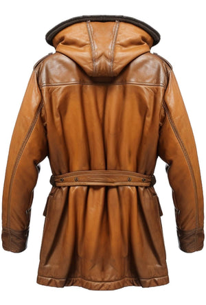 Men’s Vintage Hooded Fur Leather Coat – Classic Tan Brown Outerwear