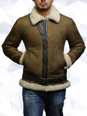 Men's Distressed Brown Sheepskin Shearling Aviator Jacket