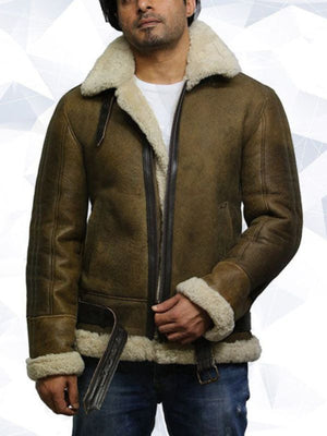 Men's Distressed Brown Sheepskin Shearling Aviator Jacket