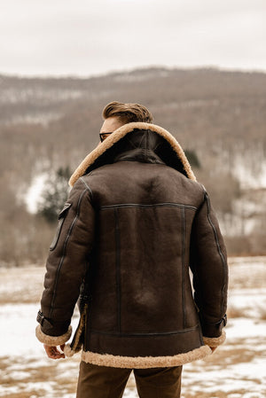 Men’s Brown B3 Flying Aviator Shearling Leather Long Jacket Coat
