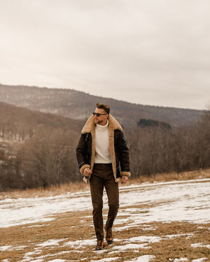 Men’s Brown B3 Flying Aviator Shearling Leather Long Jacket Coat