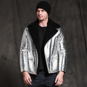 Men’s Aircraft Pilot Shiny Sheepskin Shearling Silver Leather Jacket