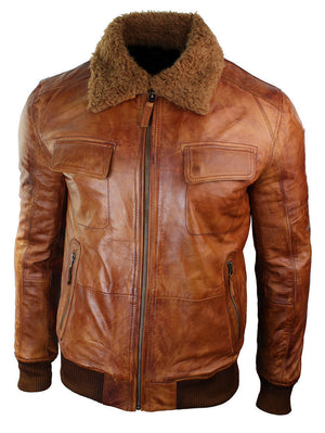 Men’s B3 Bomber Rust Tan Brown Fur Collar Aviator Pilot Leather Jacket