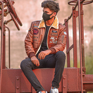 Men's Cognac B3 Shearling Bomber with Flight Patches