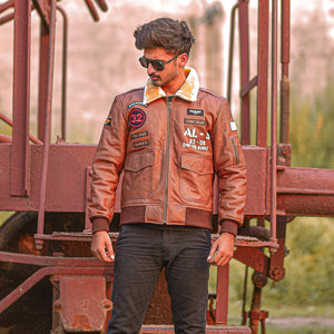 Men's Cognac B3 Shearling Bomber with Flight Patches