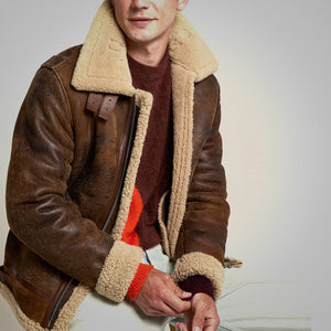 Men’s Brown Distressed Leather Shearling Jacket