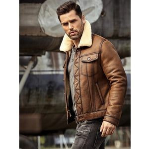 Men’s Brown RAF B3 Sheepskin Trucker Shearling Leather Jacket