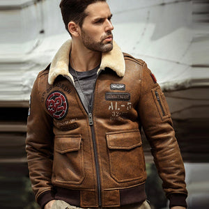 Men’s B3 Airforce Brown Embroidered Shearling Leather Bomber Jacket