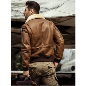 Men’s B3 Airforce Brown Embroidered Shearling Leather Bomber Jacket