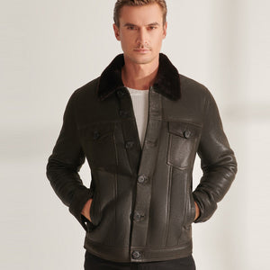 Men’s Brown Sheepskin Shearling Leather Trucker Aviator Jacket