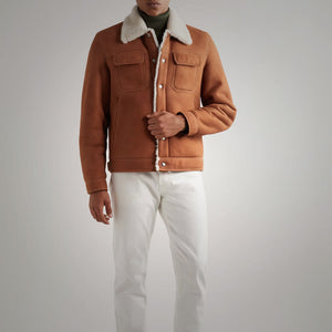 Men’s Brown Suede Leather Shearling Trucker Jacket