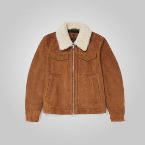 Men’s Fur Collar Brown Suede Leather Trucker Jacket