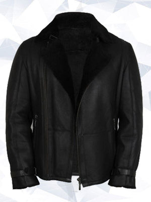 Men’s Luxury Double Aviator Black Real Shearling Sheepskin Leather Flying Jacket