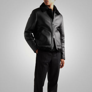 Men's Shearling Lined Leather Black Trucker Jacket