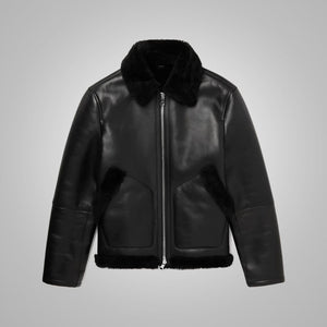 Men's Shearling Lined Leather Black Trucker Jacket