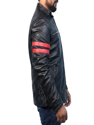 Cafe Racer Red Striped Real Lambskin Leather Jacket For Men