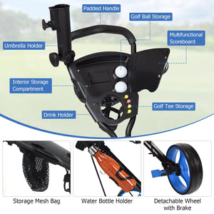 3 Wheels Push Pull Golf Trolley with Scoreboard Bag