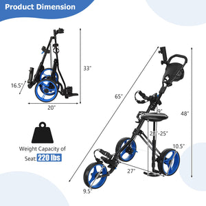 3 Wheels Push Pull Golf Trolley with Scoreboard Bag