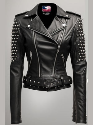 Odette Studs Black Leather Women Jacket