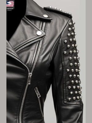Odette Studs Black Leather Women Jacket