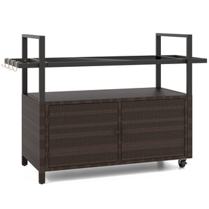 Outdoor Bar Cart Wicker Buffet Serving Cart with Cabinet and 8 Hooks