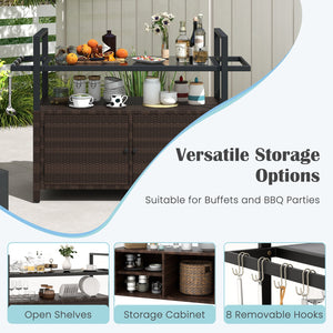 Outdoor Bar Cart Wicker Buffet Serving Cart with Cabinet and 8 Hooks