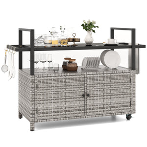 Outdoor Bar Cart Wicker Buffet Serving Cart with Cabinet and 8 Hooks