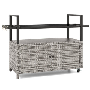Outdoor Bar Cart Wicker Buffet Serving Cart with Cabinet and 8 Hooks