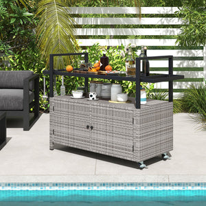 Outdoor Bar Cart Wicker Buffet Serving Cart with Cabinet and 8 Hooks
