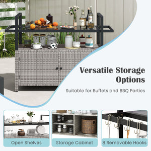 Outdoor Bar Cart Wicker Buffet Serving Cart with Cabinet and 8 Hooks