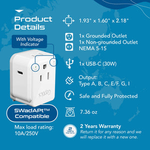 Travel Adapter Set | Type A, B, C, E/F, G, I - USB-C Port with PD + 2 US Outlets (PAK-30-WS) - TRAPSKI