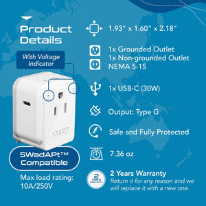 UK, Hong Kong, Travel Plug Adapter | Type G - USB-C Ports + 2 US Outlets (PAK-30W-7) - TRAPSKI