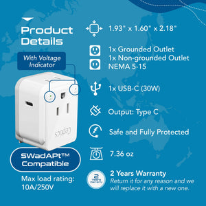 European travel Plug Adapter | Type C - USB C Port + 2 US Outlets (PAK-30W-9C) - TRAPSKI