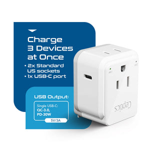 European travel Plug Adapter | Type C - USB C Port + 2 US Outlets (PAK-30W-9C) - TRAPSKI